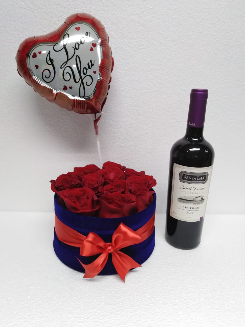 12 Rosas en Caja Redonda, Vino 750 cc y Globito